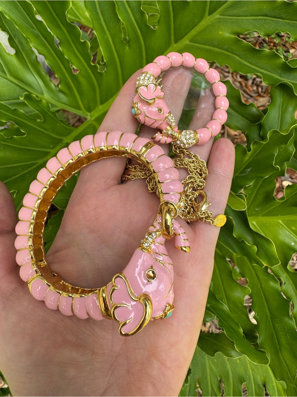 Kenneth Jay Lane Pink Elephant Magnifying Glass Necklace & Bracelet Set KJL